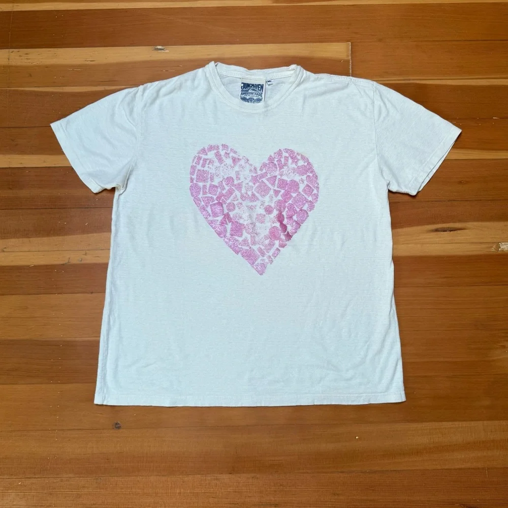 Jungmaven White Short Sleeve Tee with Pink Heart Graphic - Picture 1 of 3